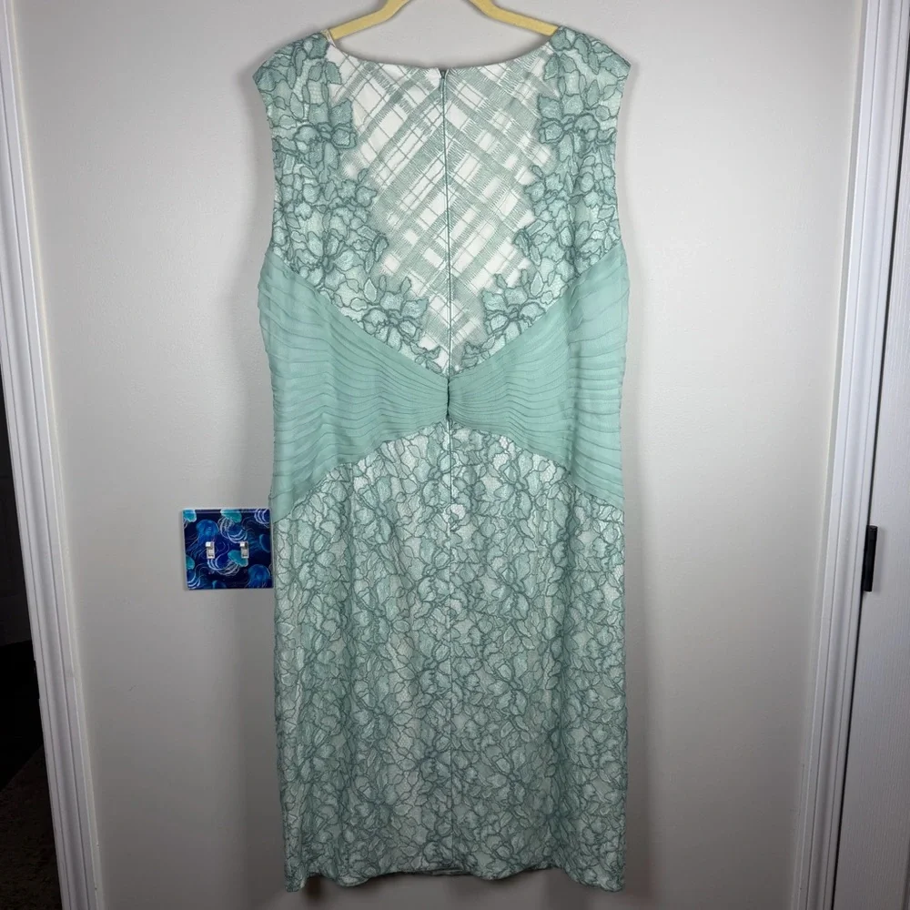 Tadashi Shoji EMBROIDERED TULLE PLEATED Lace Sheath Green Mint DRESS 18Q Easter